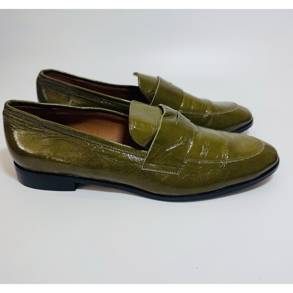 Angel Alarcon Patent Leather Square-Toe Flats moccasins OLIVE  Size 41/10 - Picture 2 of 15